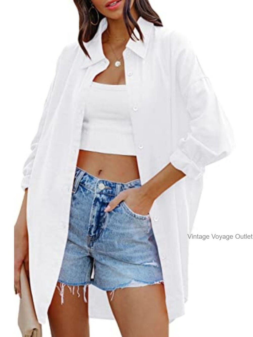 Oversized Button Down Shirt Loose Fit Long Sleeve Cotton Blouse with Pockets